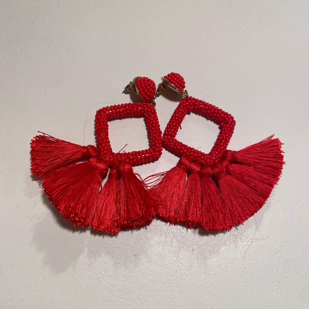 Bright Red Beaded Diamond Tassel Earrings